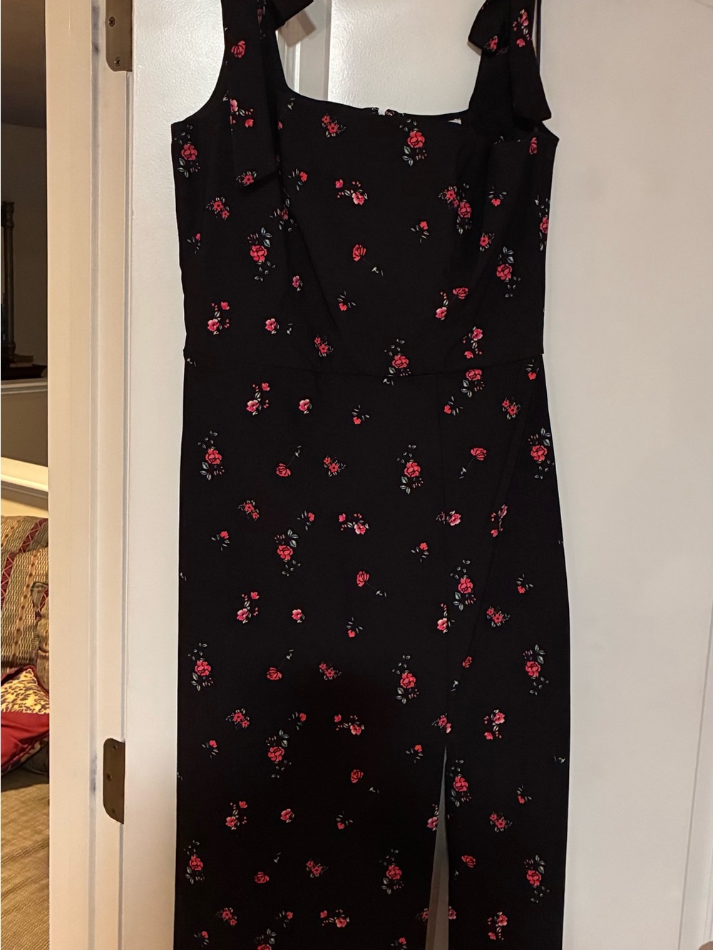 Black Floral Midi Dress with Pink Rose Print